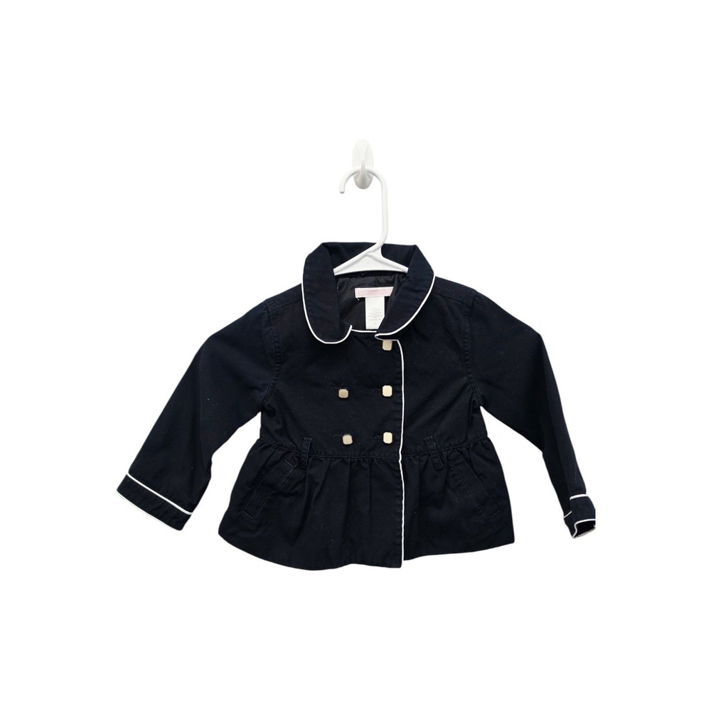 Janie and Jack Girls Size 2 Navy Peplum Trench Jacket White Piping